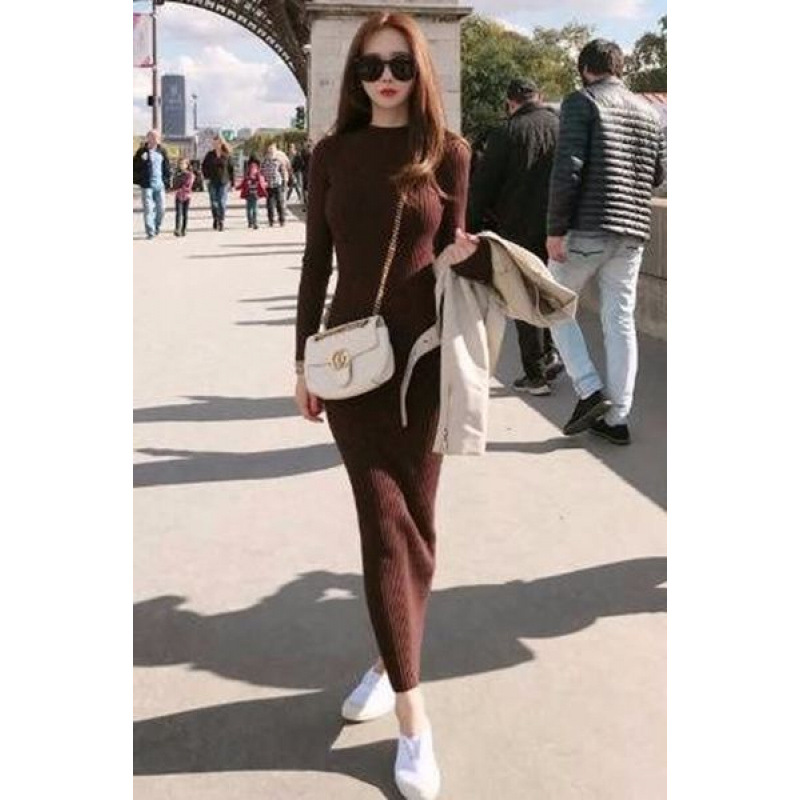 uj春秋超长款毛衣裙过膝修身显瘦打底针织连衣裙秋冬连衣裙sd