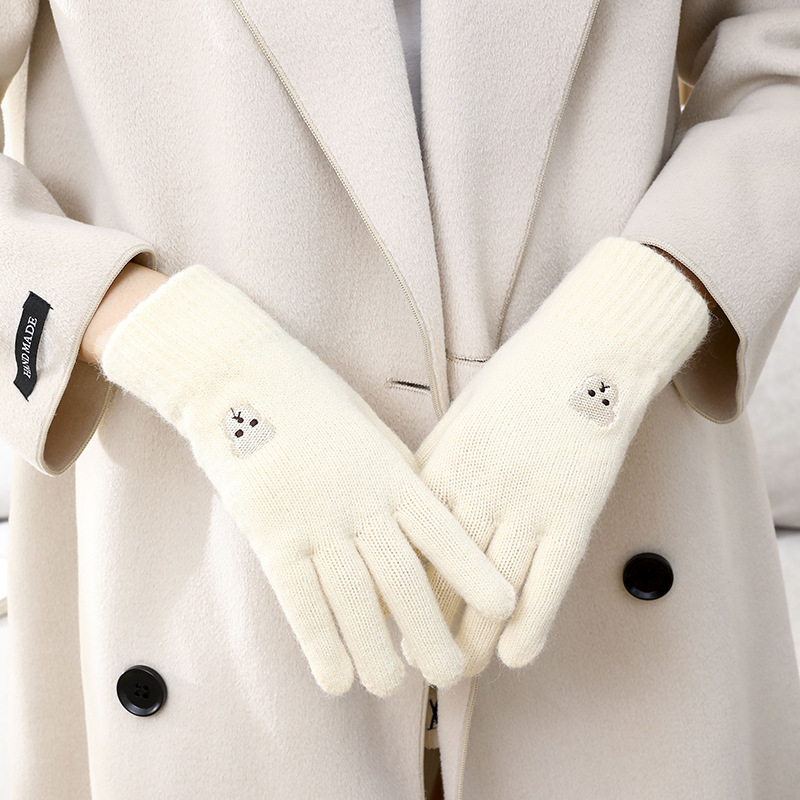 新款冬季保暖可爱触屏加绒加厚手套秋冬成人毛钱五指刺绣露指手套