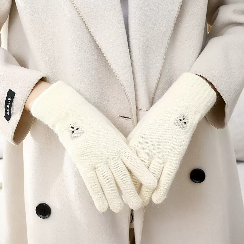 新款冬季保暖可爱触屏加绒加厚手套秋冬成人毛钱五指刺绣露指手套