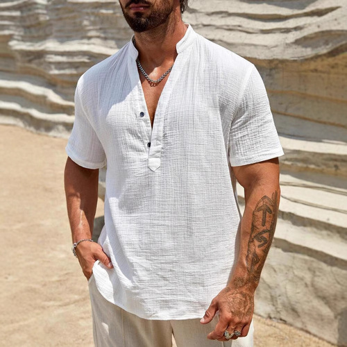 Men's European and American Cross-border Single-layer Plain Color Breathable Stand Collar Short-sleeve Shirt 2025 Fashion Simple Plain Collared Shirt