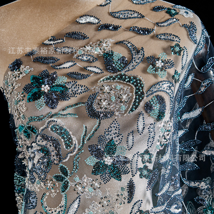 Tejido de bordado de malla azul gradiente flor sequin de clavos de cuentas de tela bordada vestido de boda image 3