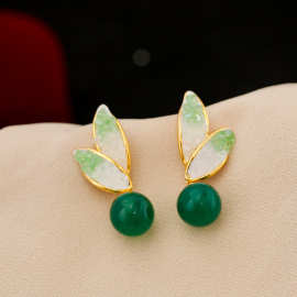 韩系绿色水晶叶子耳环女 小众设计高级感耳钉法式轻奢耳饰女爆款