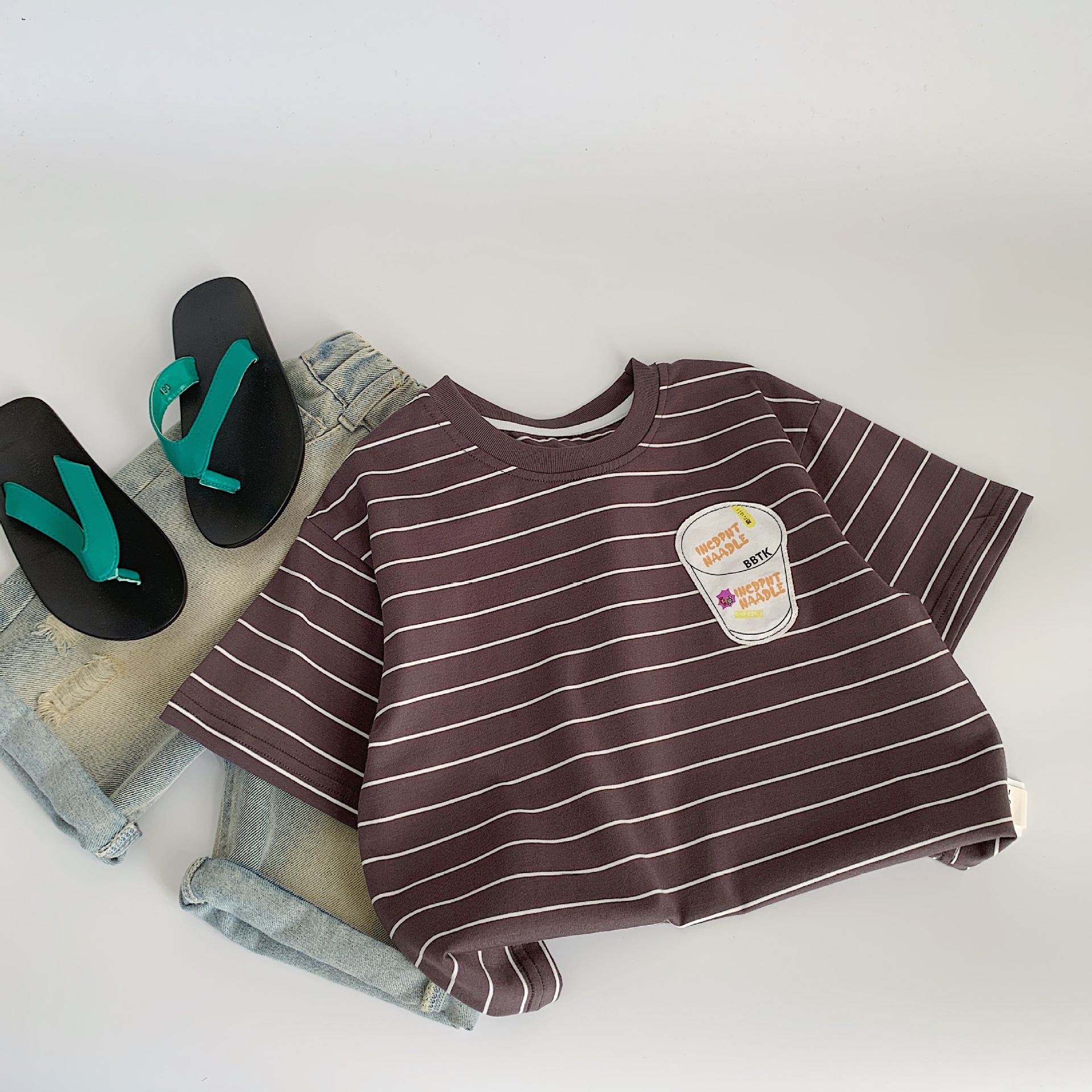 [Precio especial diario de 14,99 RMB] Mai Bao Niños camiseta de mangas cortas de verano 2025 mujeres y hombres bebés chaqueta rayada de moda