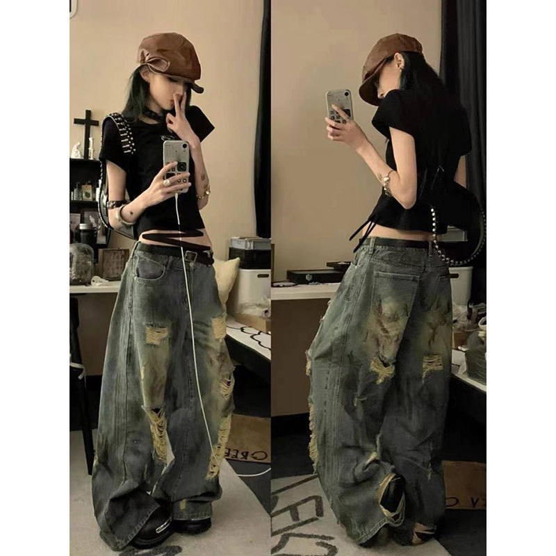 2025 Summer Wasteland Style Retro Ink Splashed Ripped Jeans Women's New High Waist Slim Wide Leg Floor Mopping Jeans