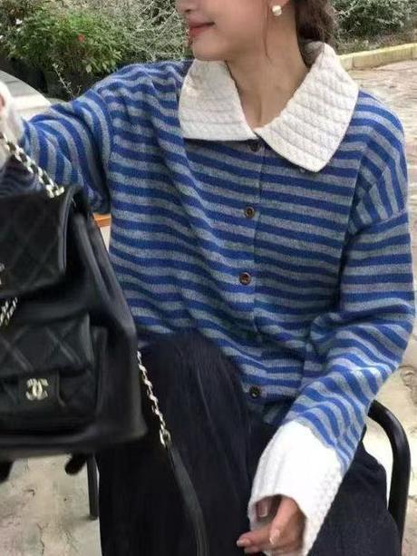 2025秋季韩版宽松慵懒松弛感女式毛衣新款条纹Polo领针织开衫外套|undefined