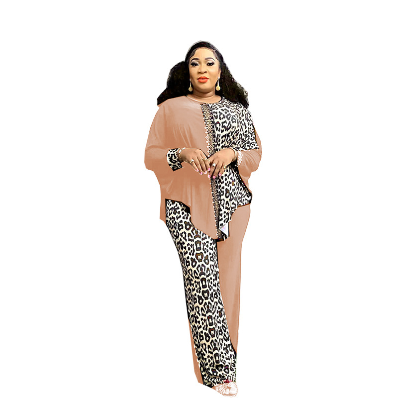 Women's Clothing large size loose bat sleeve leopard print color matching hot diamond top with trousers suit_voghion.com