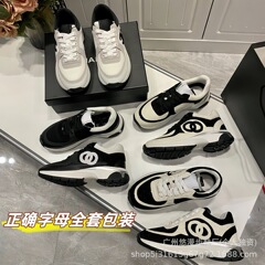 小香风休闲运动鞋女2025新款真皮网面透气增高厚底系带拼色老爹鞋