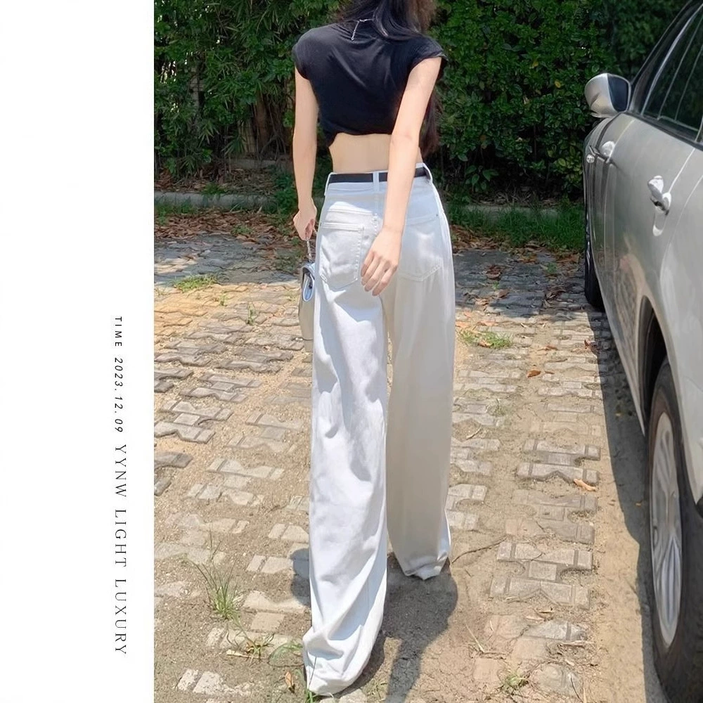 Белые джинсы, брюки, американский стиль, высокая талия, осень, oversize, обтяжающие