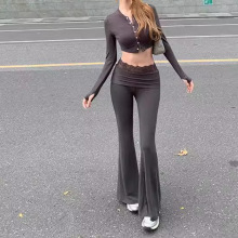 春季蕾丝收腰喇叭裤女装两件套美式辣妹紧身长袖T恤上衣休闲套装