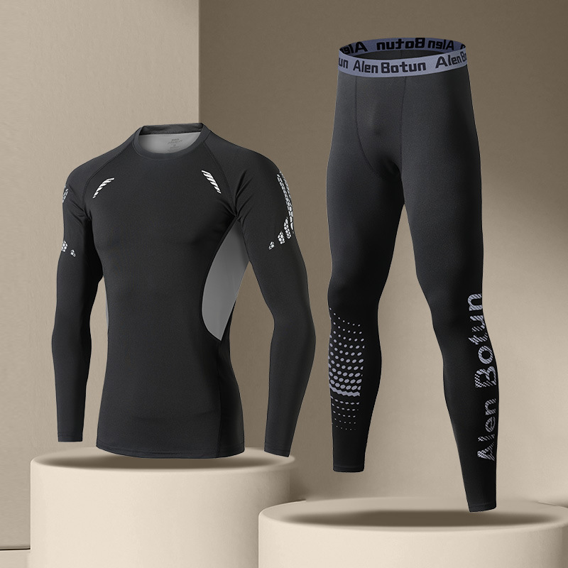 「速乾レオタードセット男性冬ランニングフィットネス訓練服秋冬スポーツ保温下着高弾打底|undefined