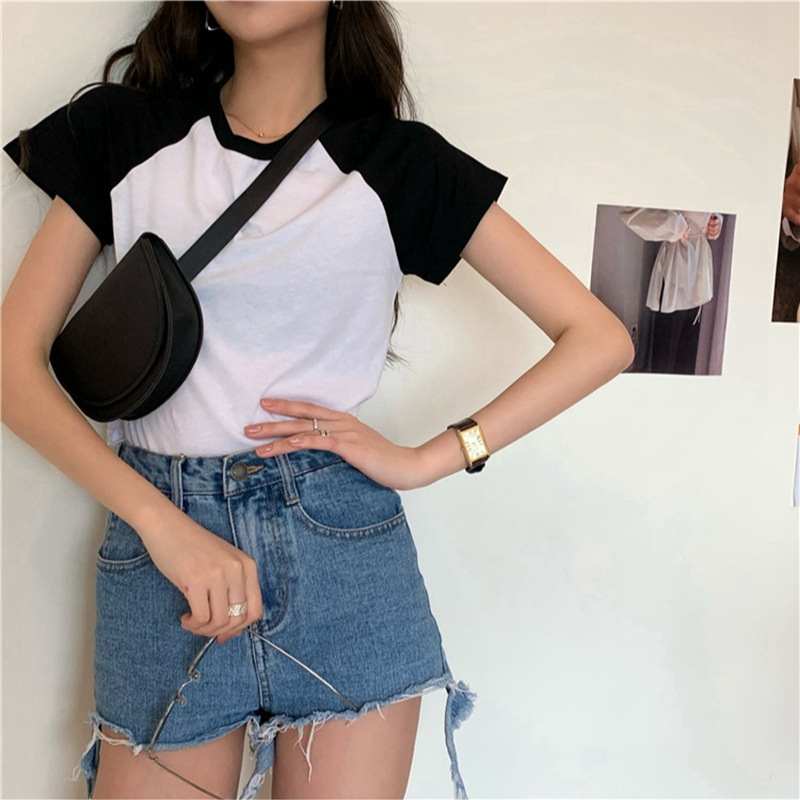 Camiseta corta de verano 2026 para mujer, estilo coreano, de cintura alta, a la moda, versátil, con bloques de color, para estudiantes image 5