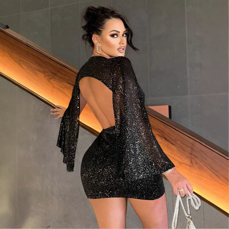 Amazon Cross-Border Dress Backless Slit Long-Sleeved Glitter Sequin Tight Hip Skirt for Women