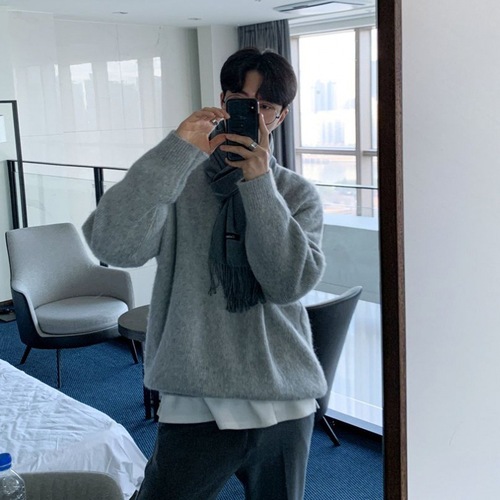 MYQ Mohair Lazy Sweater for Men - Winter Thick Crewneck Base Layer Sweatshirt - Korean Style Loose Soft Plush Knit Sweater