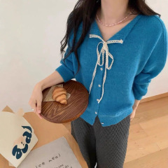 韩系系带蕾丝翻领毛衣小外套女秋冬新款纯色百搭软糯针织开衫毛衣