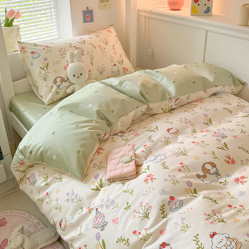 Pequeño algodón fresco dormitorio de estudiantes universitarios cama de tres piezas algodón puro 2025 nuevo traje de sábanas de verano de cuatro piezas