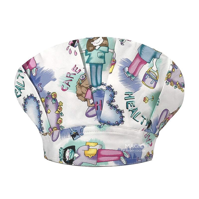 Sombrero de enfermera mujer chef cocinando cocina a prueba de aceite a prueba de humo pérdida de cabello sombrero esponjoso sombrero impreso puntera sombrero de trabajo ajuste elástico