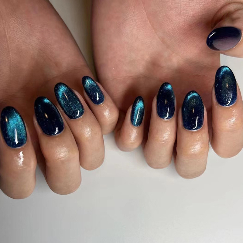 Elegant Deep Cat Eye Oval Round False Nails Set White Finished_voghion.com