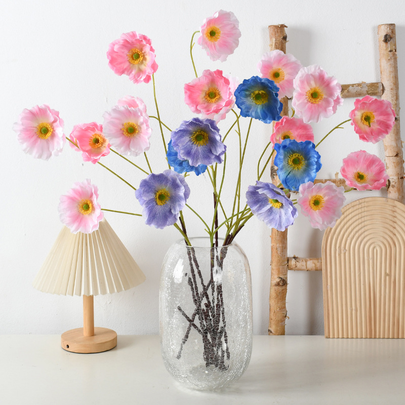 仿真花虞美人3头罂粟花高级感婚礼假花摆件客厅花束餐桌装饰批发