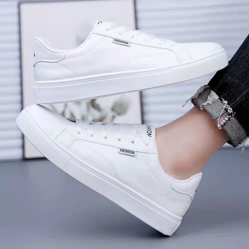 Men's white casual shoes Korean style versatile trendy board shoes  autumn new leather surface waterproof soft sole student shoes Pengrui