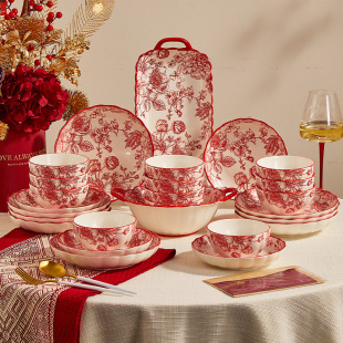 Underglaze Color Bowl and Dish suit 2025 New Household Rose High-grade Fresh Ceramic Bowl and Dish Bowl and Chopsticks for Housewarming Gifts