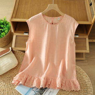 Real Shot of Summer New Large Size Loose Vest Retro Splicing Lace Versatile Round Neck Sleeveless Top for Women