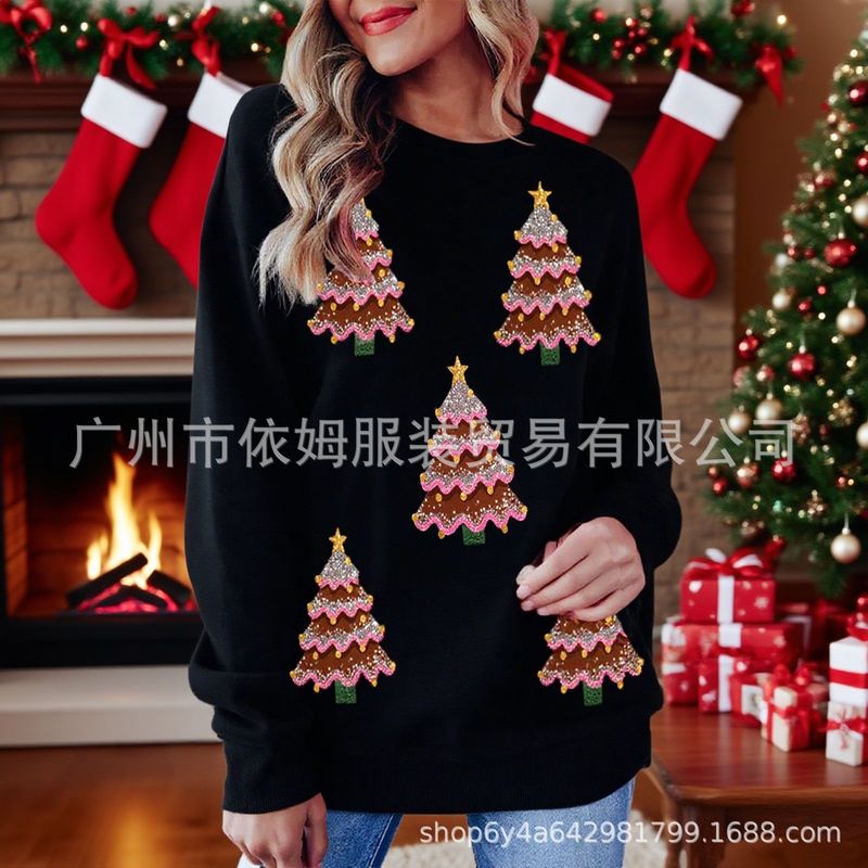 亚马逊25秋冬新款跨境欧美女装圣诞节亮片套头卫衣长袖休闲上衣女|undefined