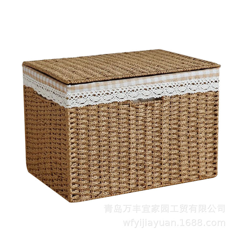 和風収納ボックス家庭用模造籐織物収納バスケットおもちゃスナック衣類雑貨ボックス整理収納ボックス蓋付き