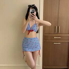 日系韩版蓝色格子蝴蝶结小胸吊带比基尼分体裙式三件套性感辣妹装