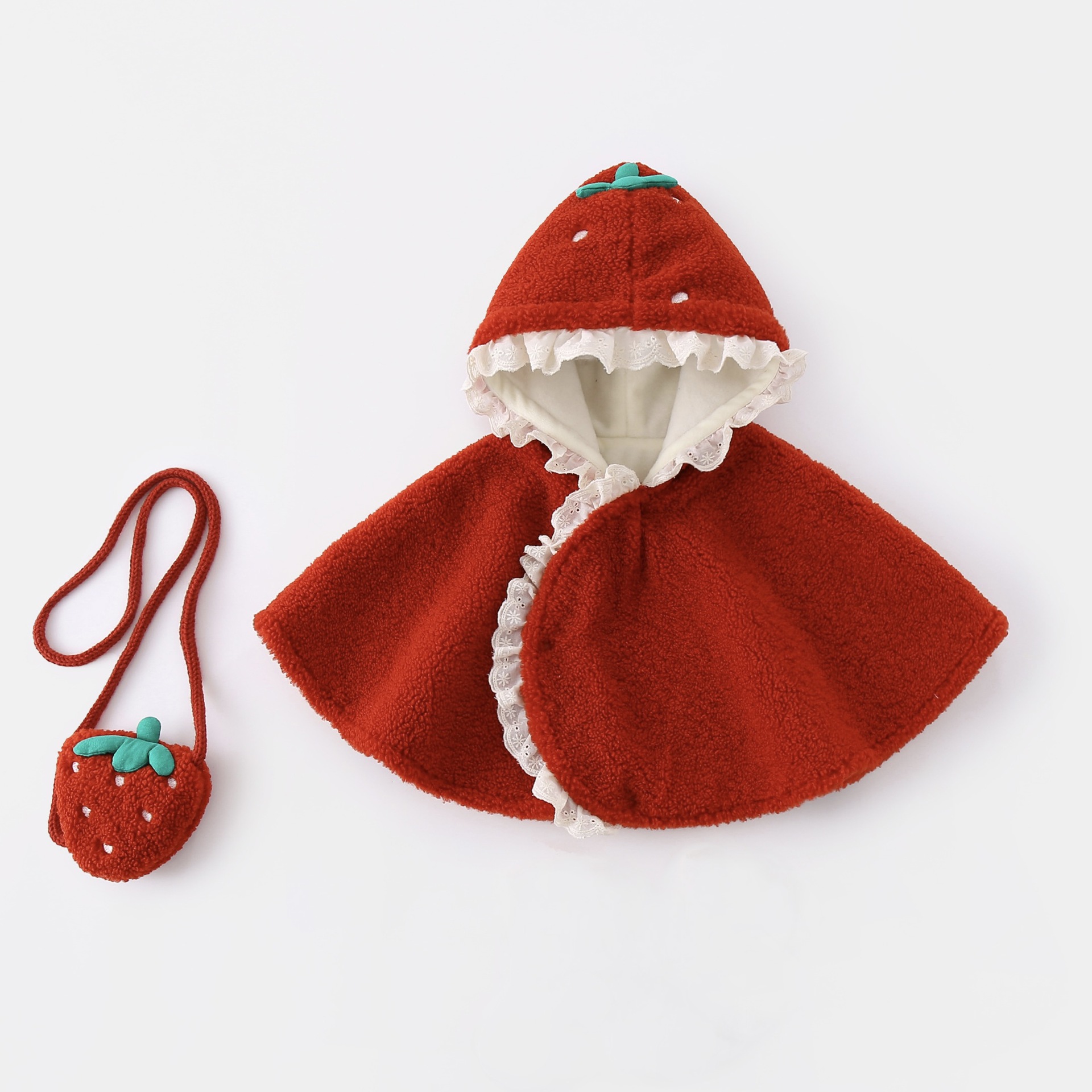 婴儿斗篷秋冬女宝宝可爱草莓披风加绒防风保暖超萌儿童外出小披肩