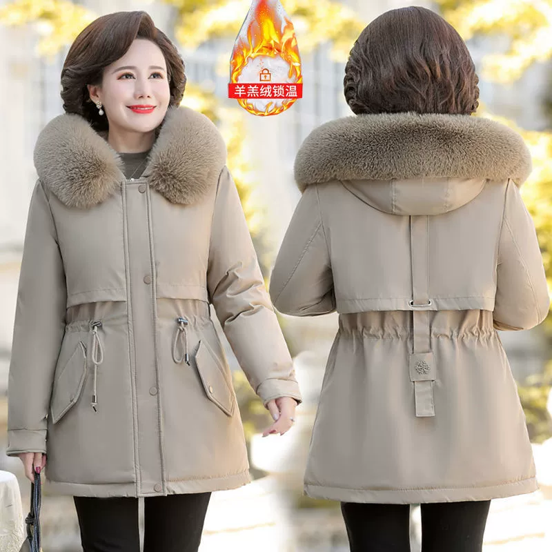 Warm long down jacket, mid-length, western style, for middle age, plus size