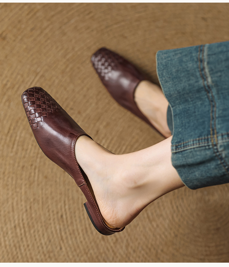 Giày mule nữ da bò mũi vuông miệng nông đế bệt — màu nâu chi tiết 13