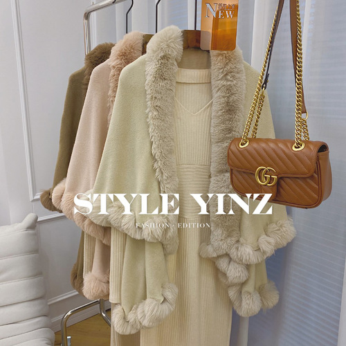 Live streaming supply autumn and winter mink fur collar cape shawl temperament plus-size knit sweater loose outerwear for women