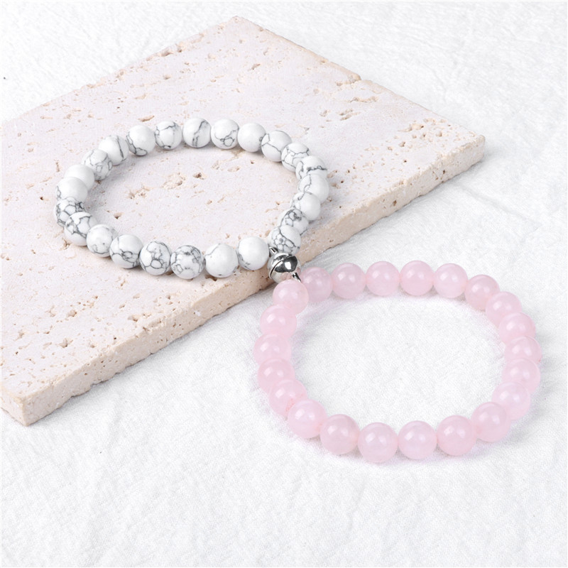 Valentine's Day Cross-Border Rose Quartz Stone Bead Bracelet Lava Volcanic Stone Couple Magnetic Buckle Retro Versatile Bracelet