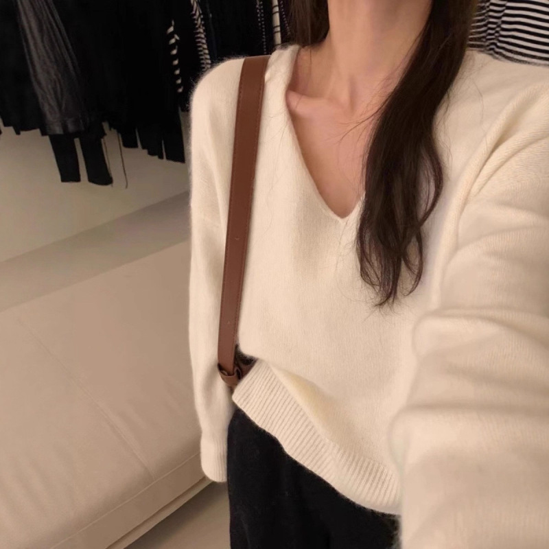 孔雀蓝v领套头毛衣女秋冬新款慵懒风外穿针织衫软糯短款套头上衣|undefined