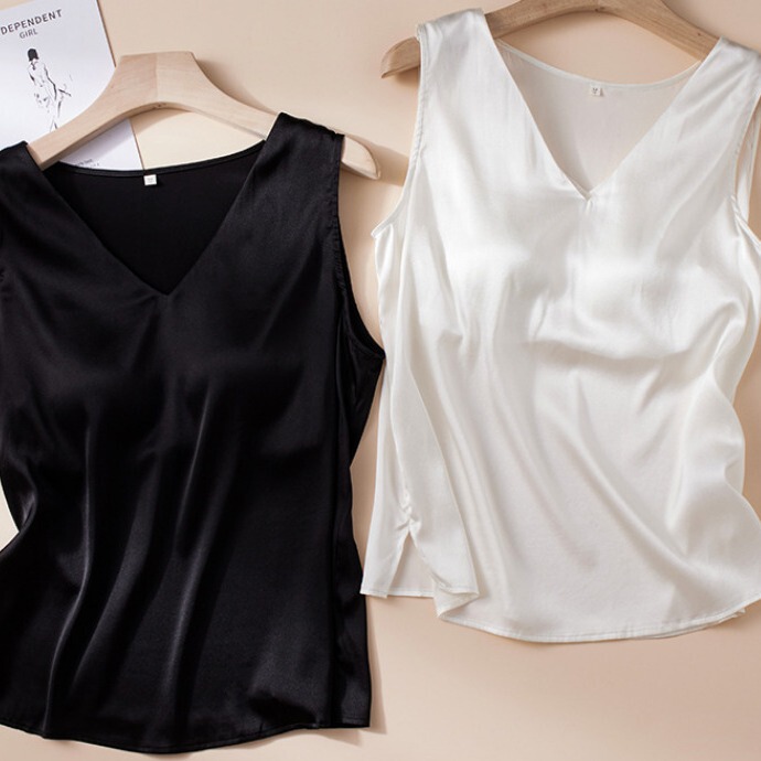 Practical Slimming V-neck 92% Silk Pure Color Belt Chest Pad Bra-free Mulberry Silk Camisole Women's Summer