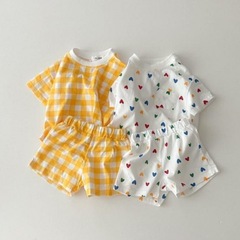 Ins Korean 23 Summer Baby & Kids Refreshing Short Sleeve Set with Love Grid Casual T-shirt and Short Pants Two-Piece Set