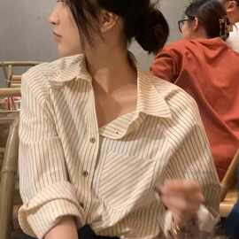 气质宽松美式条纹衬衫女装复古衬衣设计感小众小个子长袖法式上衣