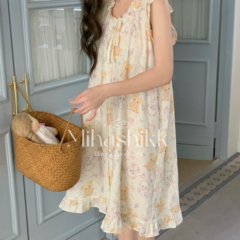 Mihashikk Three-Color Cream Bear Pure Cotton Double-Layer Gauze Nightgown Summer New Sweet Home Wear for Women