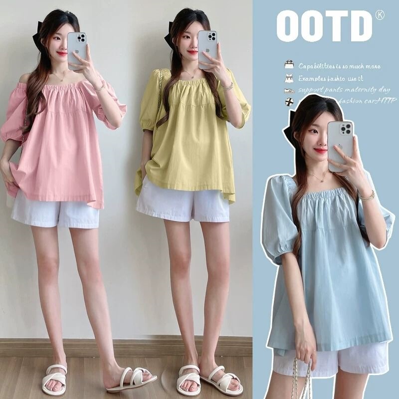 Maternity puff sleeve top and shorts set, summer square neck blouse, babydoll shirt, short sleeve T-shirt, women's wide-leg pants two-piece set