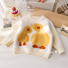 女童秋冬加厚毛衣可爱卡通小鸭子提花针织套头衫宝宝冬装保暖衣服