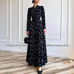 2025秋亚马逊欧跨境美女装高腰时尚气质收腰百搭花朵印花法式长裙