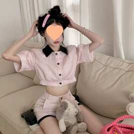 小个子奶甜系粉色小香风时尚套装女夏季减龄短袖上衣短裤两件套装
