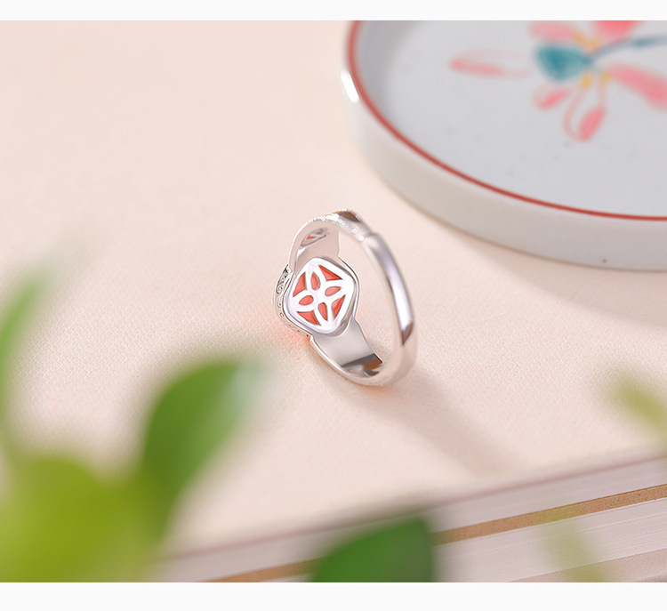 Nhẫn bạc S925 mạ vàng nước đỏ đính ngọc Hòa Điền phong cách retro hình cỏ lau kim cương — Kiểu ngọc bích chi tiết 5