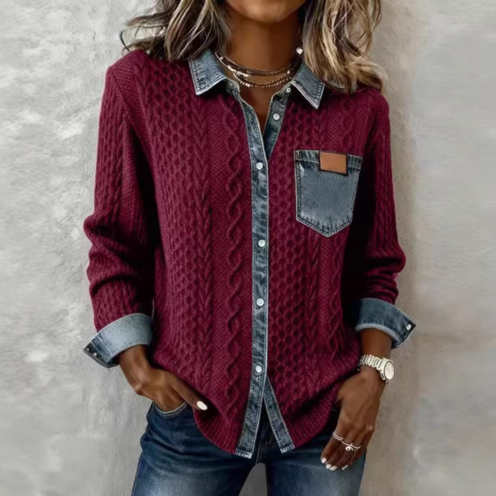 Damen-Hemdjacke aus Strick-Denim-Hybrid – Oversized-Langarmjacke mit Knopfleiste und Patchwork-Design, lässiges Layering-Teil für Herbst/Winter_voghion.com