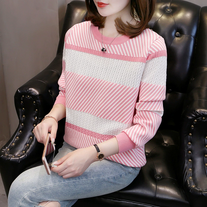 Трансграничный осенний и зимний новый трикотаж с длинными рукавами в полоску женский корейский чик тренд высокого уровня