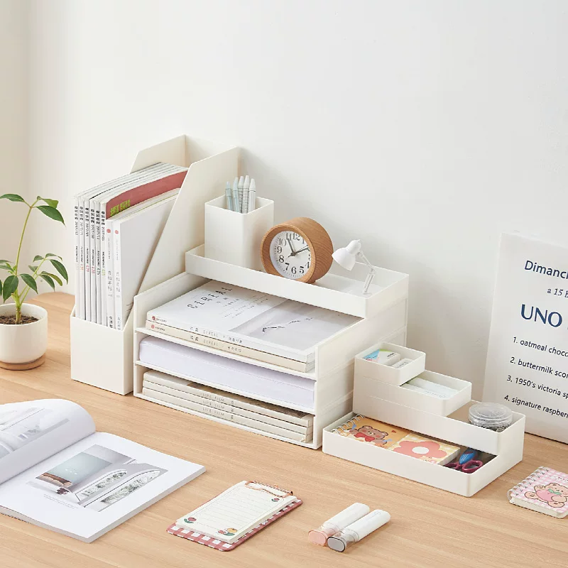 Desktop file storage organizer — A4 stationery holder, modular multi‑compartment white box