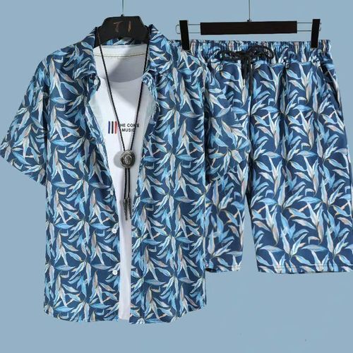 Men's Casual Set, Quick-Drying Hawaiian Beach Set, Men's Short-Sleeve Flower Shirt and Beach Shorts, Couple's Matching Two-Piece Set