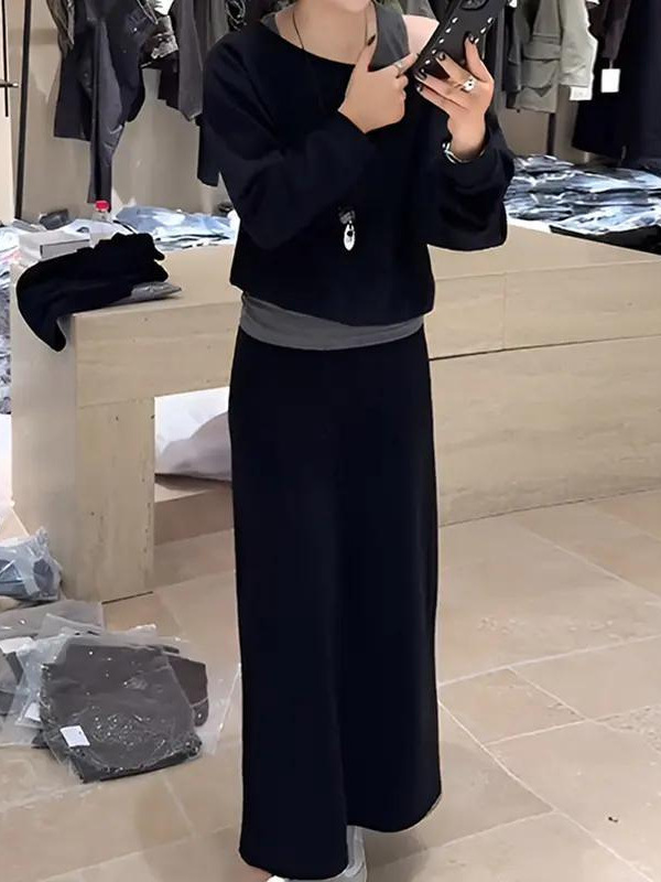 韩系女装设计感黑色假两件斜肩上衣半身长裙宽松显瘦春秋气质套装|undefined