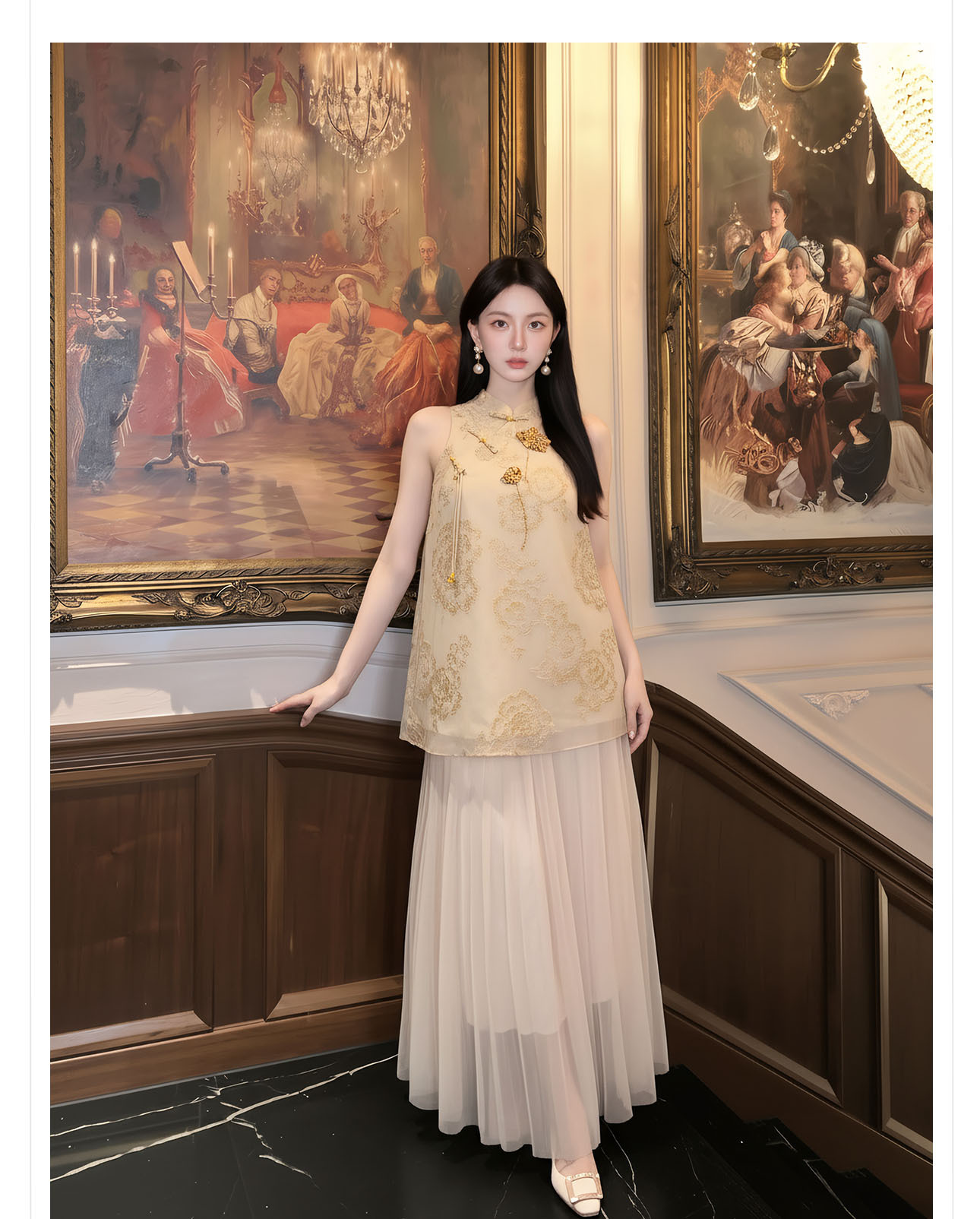Đầm maxi nữ thắt eo thiết kế cổ điển họa tiết hoa nổi — Gừng chi tiết 3