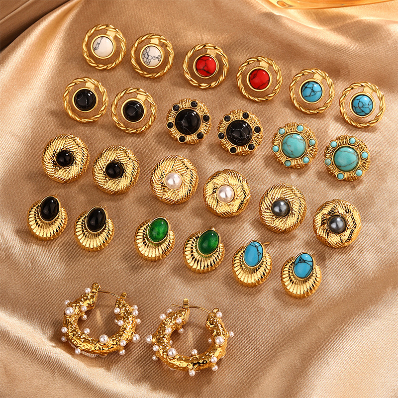 9g Weight 304 Stainless Steel Ear Needle Material 18K Gold Plated Plating Material Earrings, Ear Studs Classification 1 Pair Quantity Party, Tea Party Occasion 304 Stainless Steel, turquoise Material Geometric Pattern All Seasons Season Women's Gender Retro, Classic Style Style 1 Pair Retro Classic Style Geometric 304 Stainless Steel Turquoise 18K Gold Plated Earrings Ear Studs 无